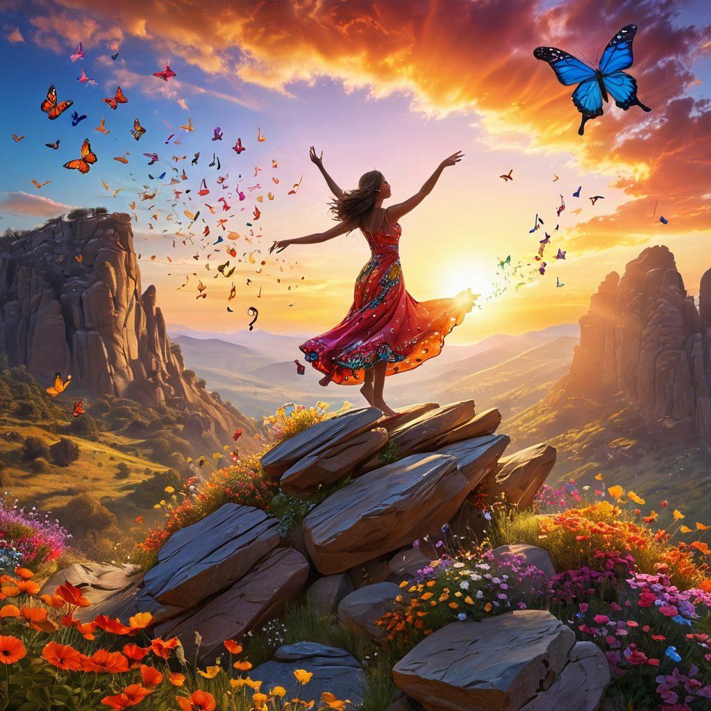 A vibrant landscape depicting a joyful figure dancing on a rocky hilltop under a radiant sunrise, surrounded by colorful musical notes swirling in the air, symbolizing exuberance and celebration of life. The scene is infused with dotted flowers and butterflies, illustrating cheerfulness and harmony. super-realistic. vibrant colors. 3D.