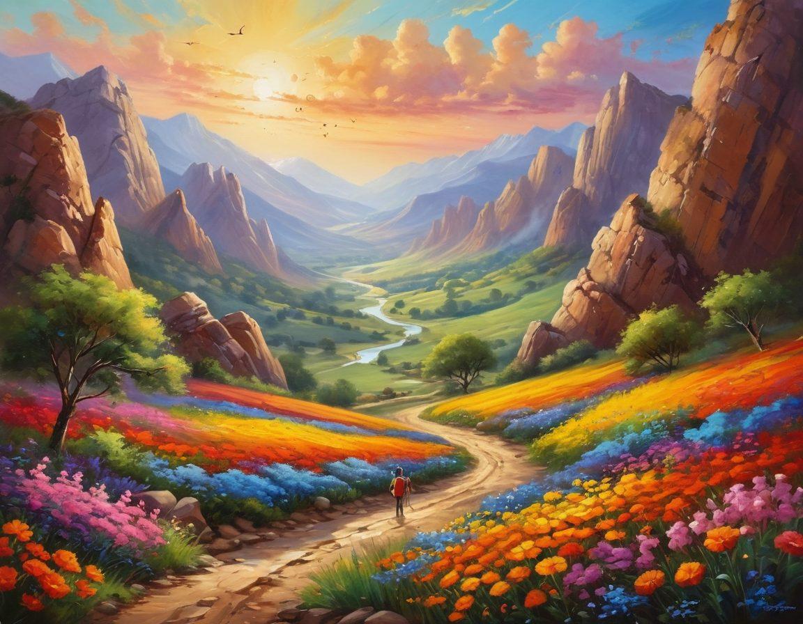 A peaceful landscape transitioning from the rugged boulders of nature to a serene rhythmic scene filled with musical notes dancing in the air. Incorporate elements of joyful humans engaged in activities like dancing and playing instruments, surrounded by vibrant flowers and soft hills. The sky should be bright and sunny, symbolizing happiness and tranquility. The blending of nature and music should evoke a sense of bliss. painting. vibrant colors. whimsical.